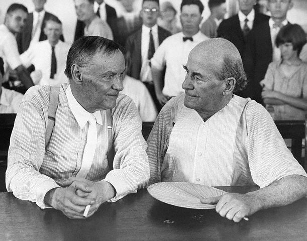 Photo taken of Clarence Darrow (left) and William Jennings Bryan (right) during the Scopes Trial in 1925